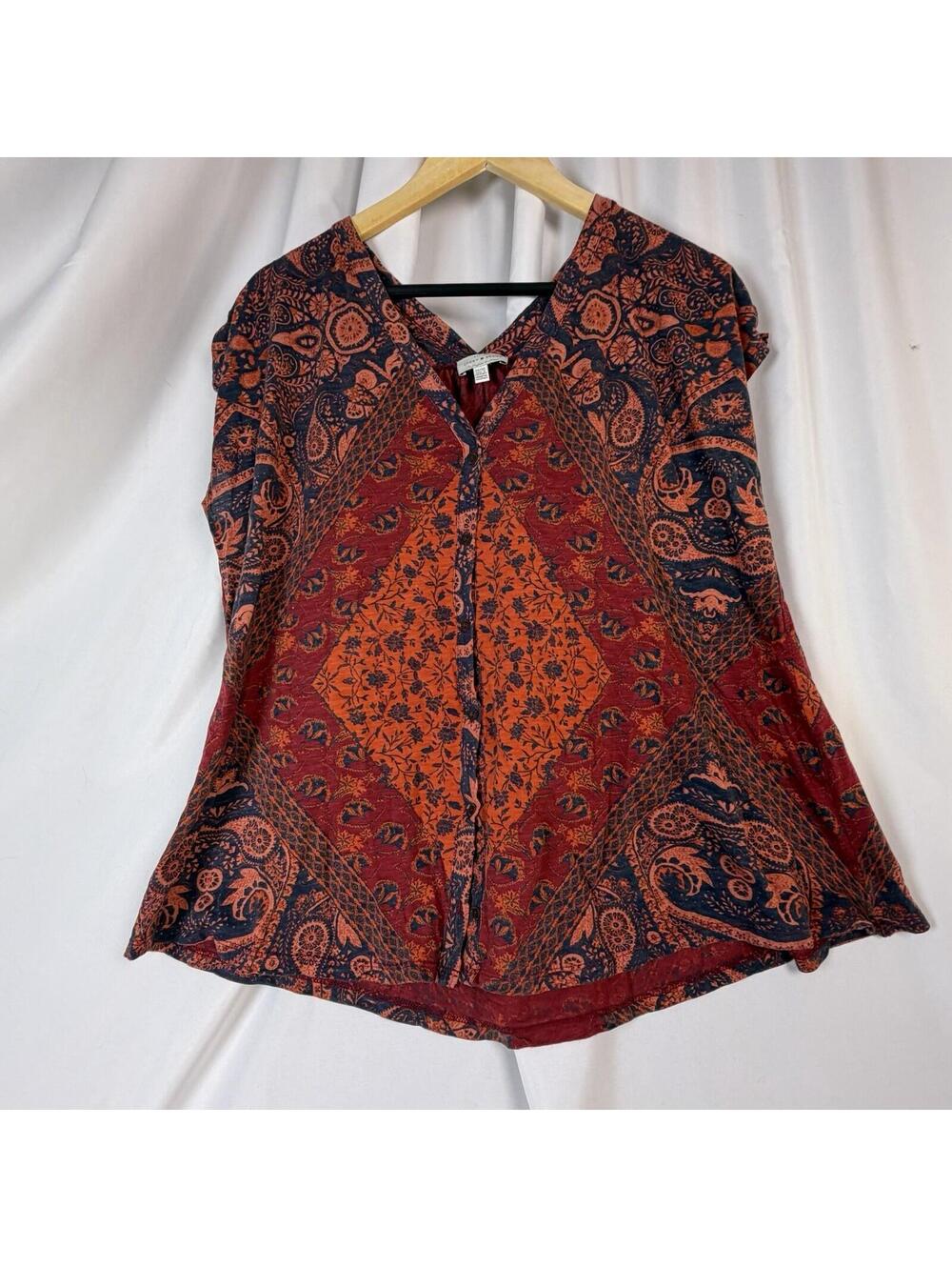 Lucky Brand Blouse Womens 1X Red Orange Lightweight Paisley  Design Boho